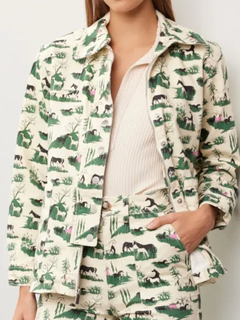 Rachel Antonoff Cream Ranch Print Jean Jacket with Green & Black Accents